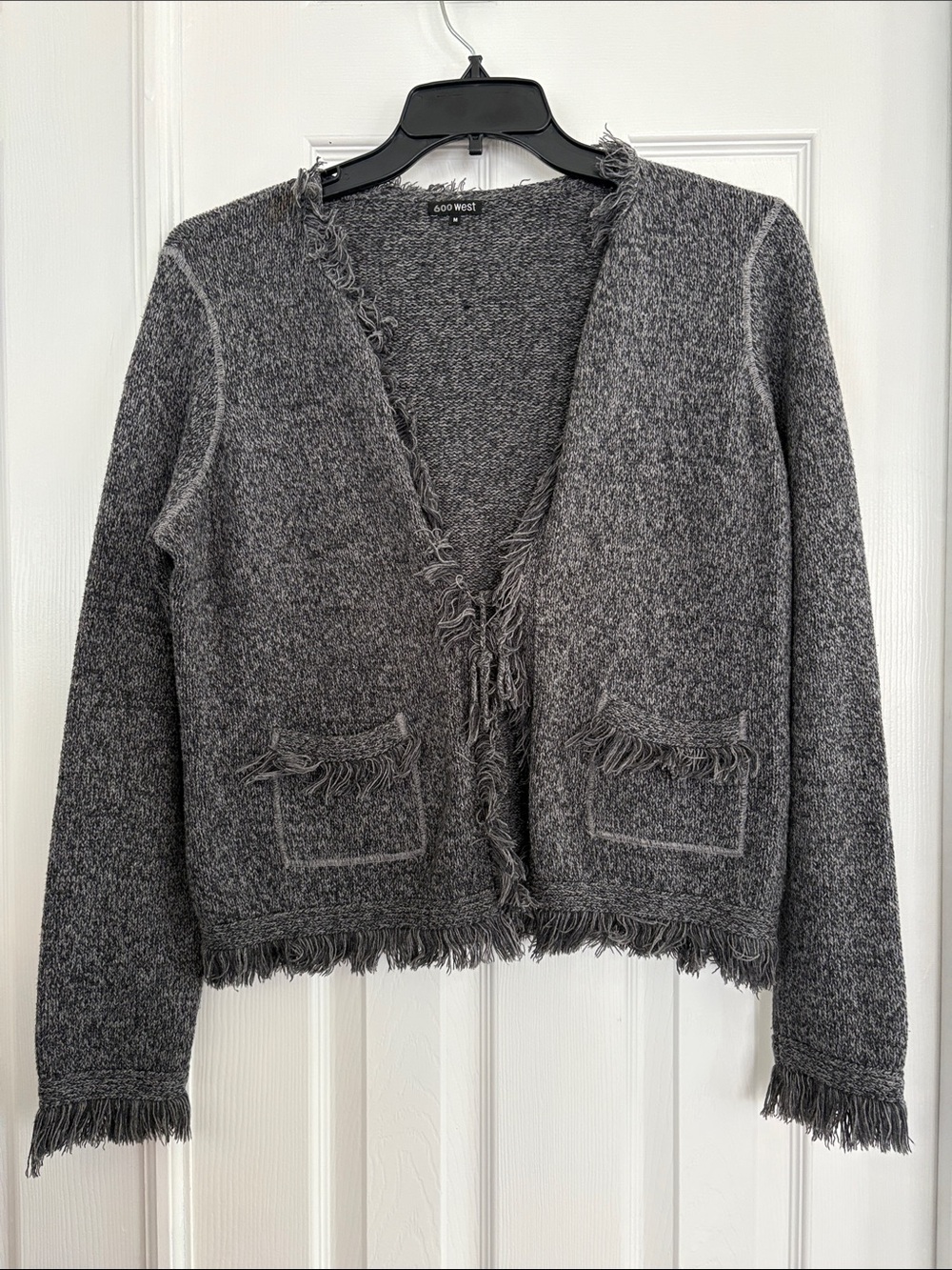600 West Gray Fringe Open Tie front Shacket Cotton blend Sweater Women’s Medium